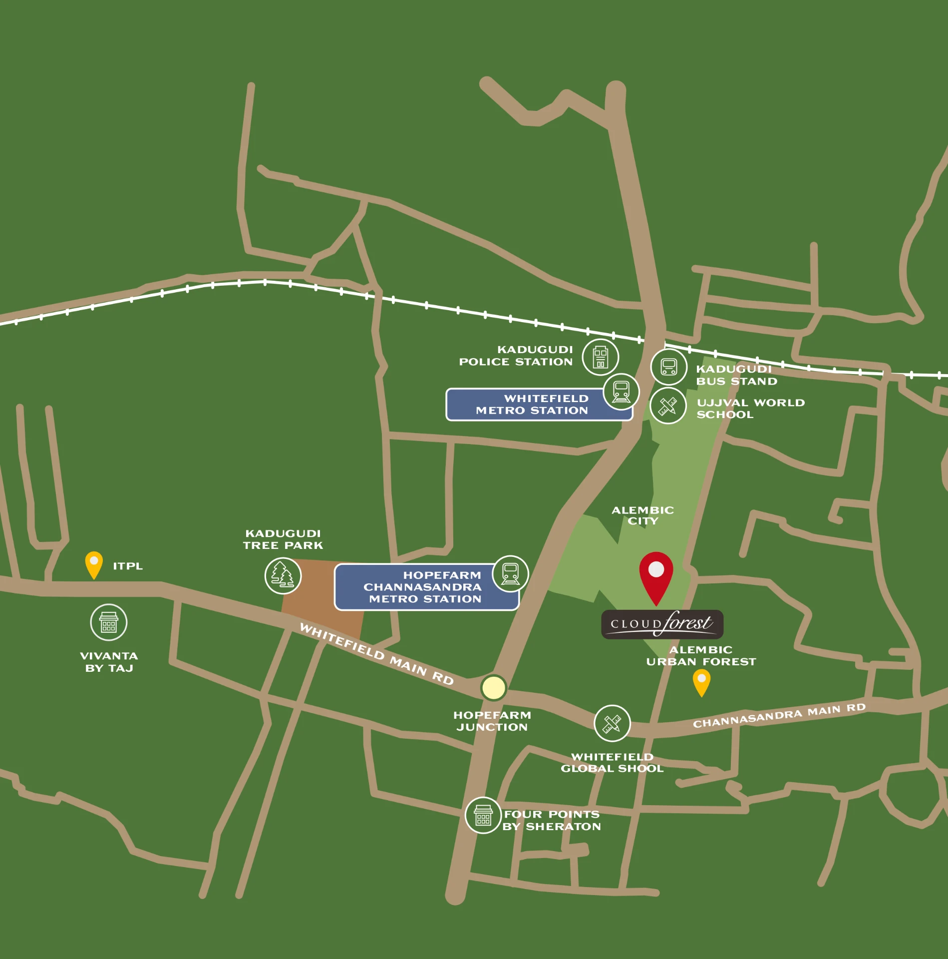 Illustrated location map showing Alembic Cloud Forest in Whitefield with nearby metro stations, schools, hotels and landmarks