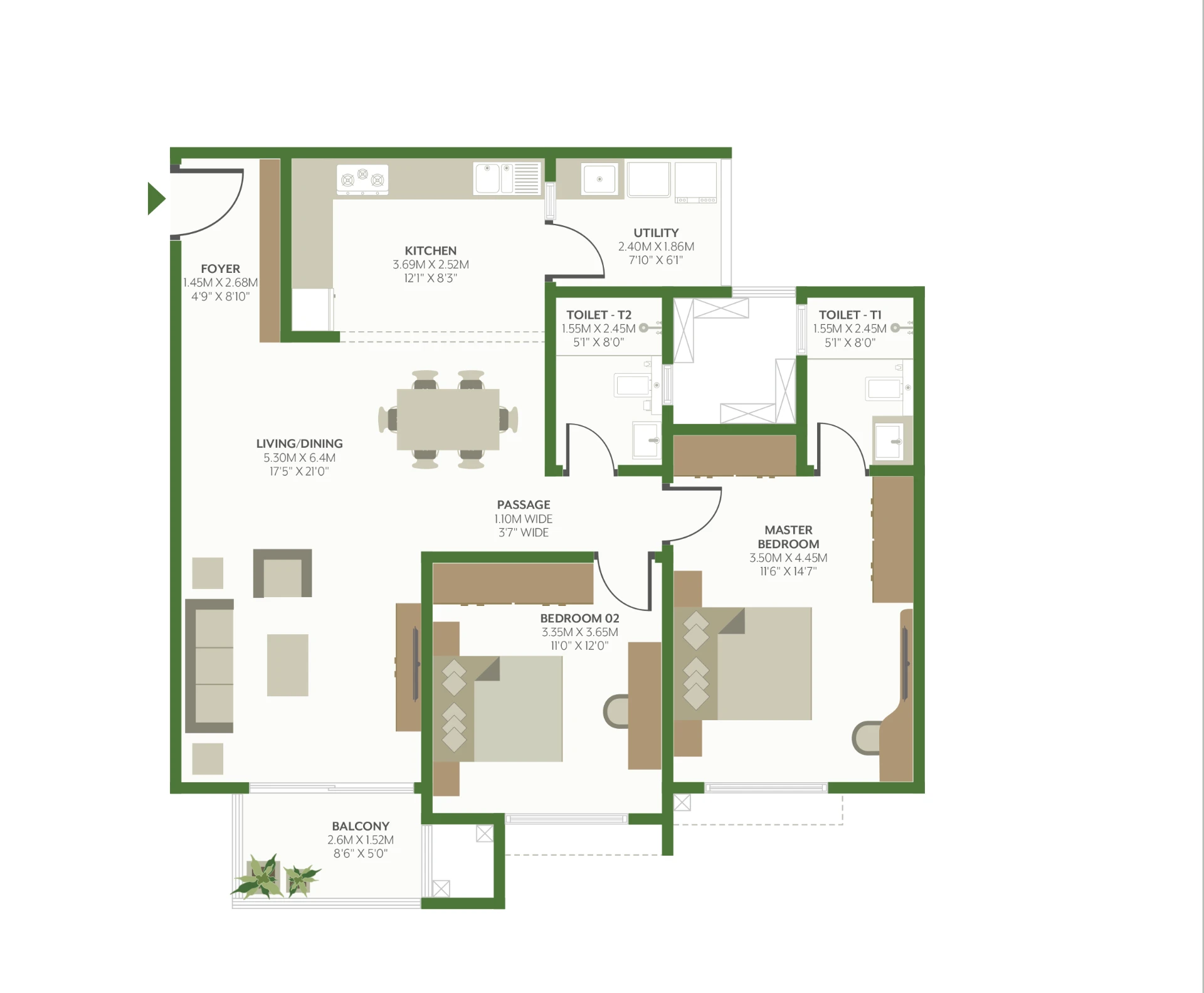 2 BHK Large floor plan