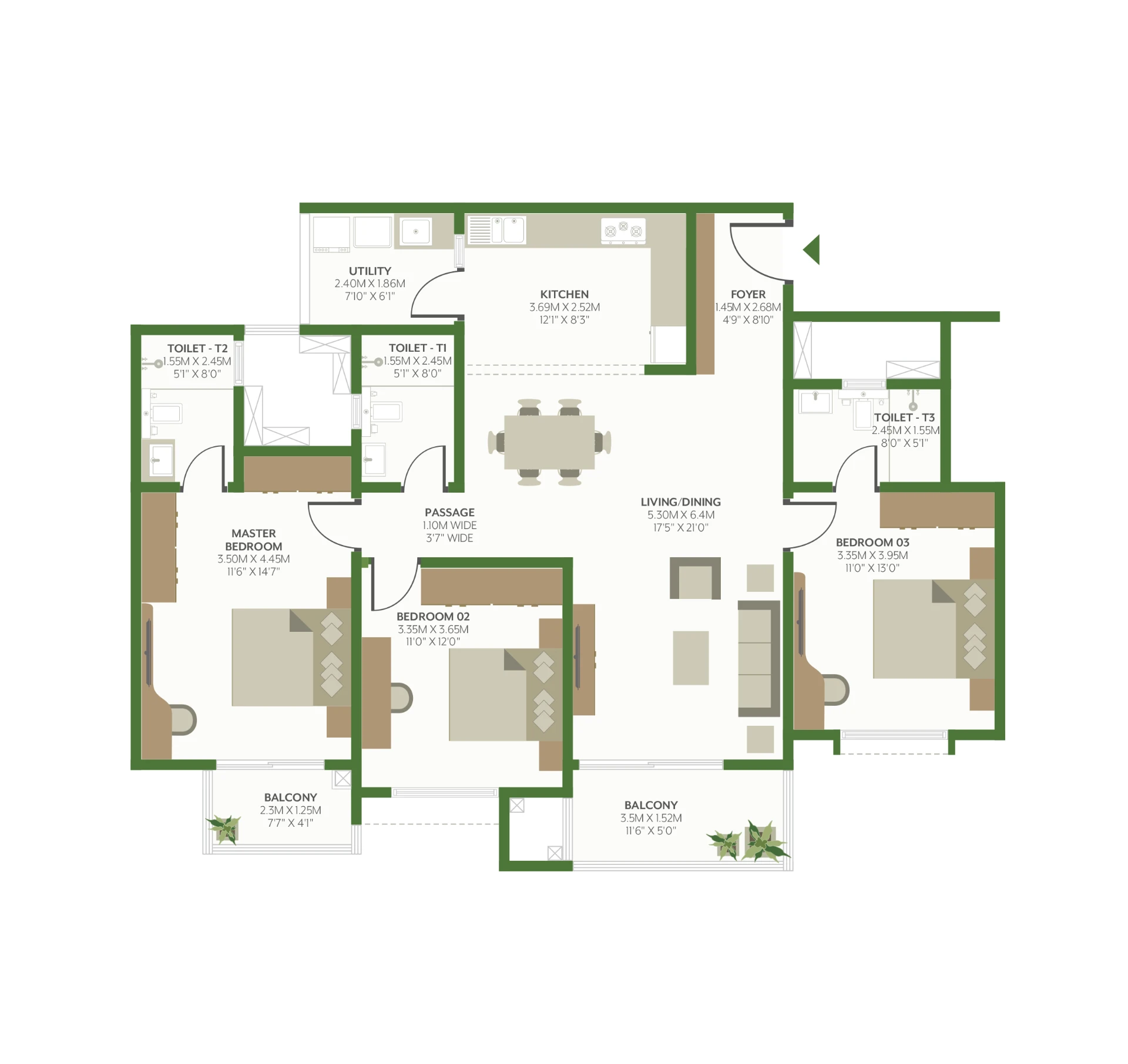 3 BHK floor plan