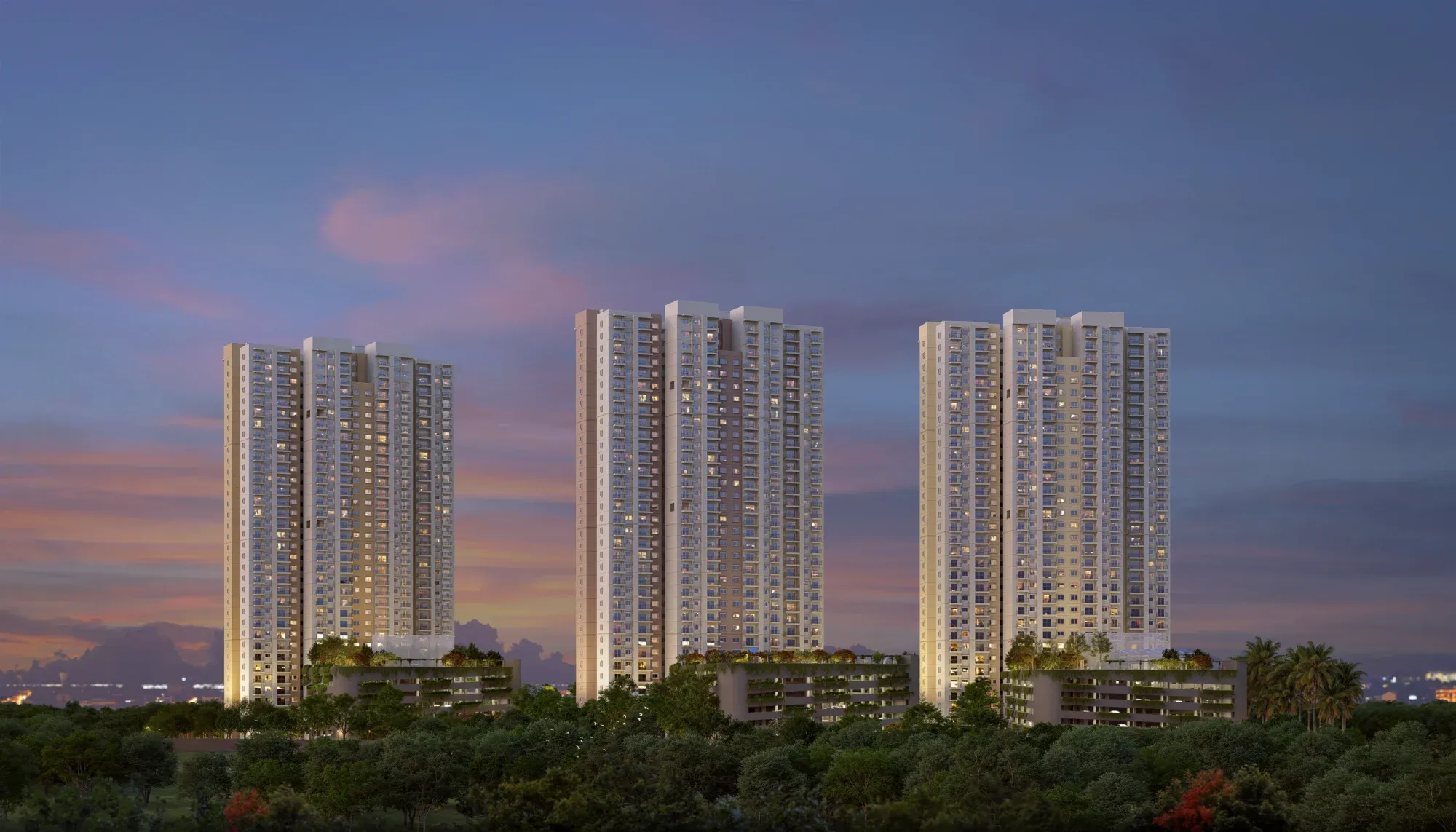 Cloud Forest towers at dusk above the tree canopy